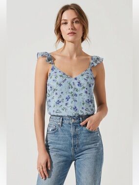 CAMI NYC Cara Chiffon Cami in Blue  Size Large Floral Ruffle Cottagecore Boho